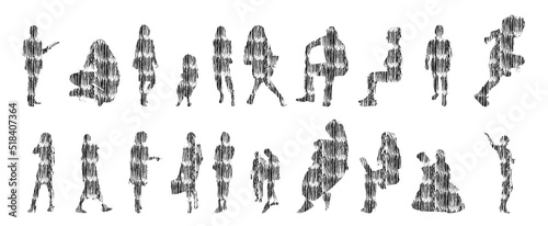 Vector silhouettes, Outline silhouettes of people, Contour drawing, people silhouette, Icon Set Isolated, Silhouette of sitting people, Architectural set	
