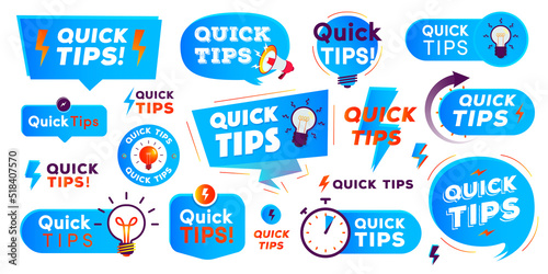 Quick tips label set modern style for tooltip badge, solution and advice banner, helpful tricks, useful information sticker, education tag, hint, new knowledge and study practice. Vector 10 eps