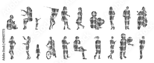 Vector silhouettes, Outline silhouettes of people, Contour drawing, people silhouette, Icon Set Isolated, Silhouette of sitting people, Architectural set	
