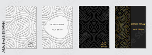 Set of ethnic covers, vertical unique templates, place for text. Collection of backgrounds with 3d geometric pattern of lines and stripes. Tribal traditions of the East, Asia, India, Mexico, Aztecs.
