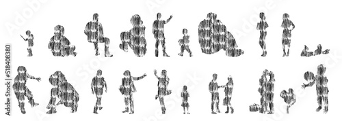 Vector silhouettes, Outline silhouettes of people, Contour drawing, people silhouette, Icon Set Isolated, Silhouette of sitting people, Architectural set	
