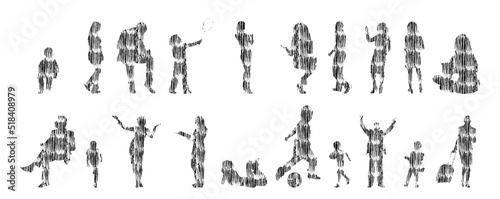 Vector silhouettes, Outline silhouettes of people, Contour drawing, people silhouette, Icon Set Isolated, Silhouette of sitting people, Architectural set	
