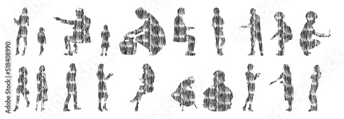 Vector silhouettes, Outline silhouettes of people, Contour drawing, people silhouette, Icon Set Isolated, Silhouette of sitting people, Architectural set	
