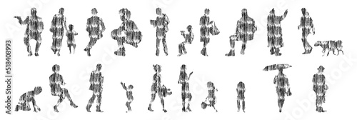 Vector silhouettes, Outline silhouettes of people, Contour drawing, people silhouette, Icon Set Isolated, Silhouette of sitting people, Architectural set	
