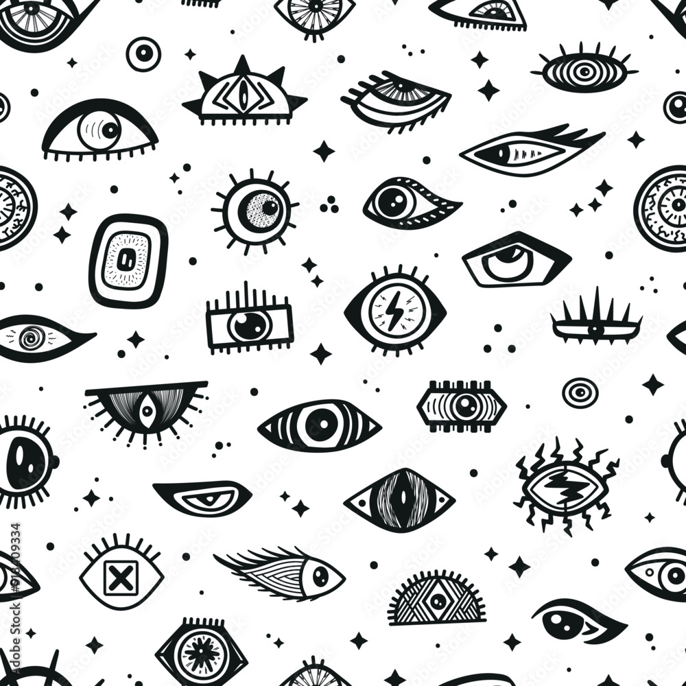 Seamless Pattern with Various Strange Evil and Funny, Comic and Bizarre Eyes. Abstract Doodle Eye Different Shapes in Trendy Psychedelic Weird Cartoon Style. Vector Black and White Background
