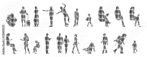 Vector silhouettes, Outline silhouettes of people, Contour drawing, people silhouette, Icon Set Isolated, Silhouette of sitting people, Architectural set	
