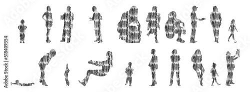 Vector silhouettes, Outline silhouettes of people, Contour drawing, people silhouette, Icon Set Isolated, Silhouette of sitting people, Architectural set	
