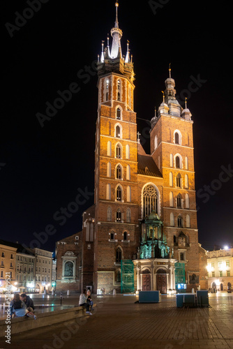 St. Mary s Basilica and Market Square in Krakow by night  Poland.