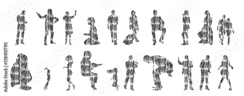 Vector silhouettes, Outline silhouettes of people, Contour drawing, people silhouette, Icon Set Isolated, Silhouette of sitting people, Architectural set	

