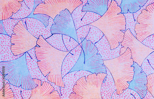Картината върху платно Ginkgo Leaf hand drawn retro lithograph with watercolor paper abstract art background illustration of falling bright colorful leaves and polka dots creating a soft carefree artistic nature feeling