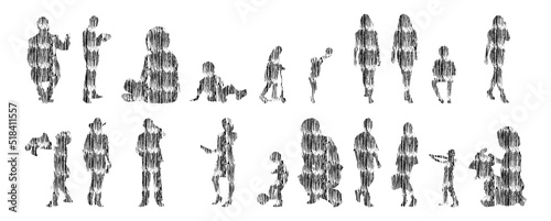 Vector silhouettes, Outline silhouettes of people, Contour drawing, people silhouette, Icon Set Isolated, Silhouette of sitting people, Architectural set	
