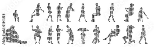 Vector silhouettes, Outline silhouettes of people, Contour drawing, people silhouette, Icon Set Isolated, Silhouette of sitting people, Architectural set	
