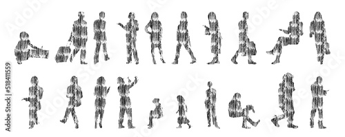 Vector silhouettes, Outline silhouettes of people, Contour drawing, people silhouette, Icon Set Isolated, Silhouette of sitting people, Architectural set	
