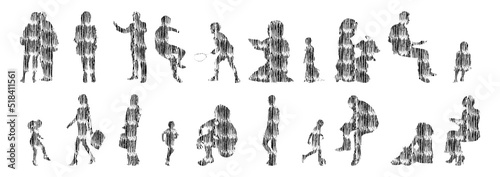 Vector silhouettes, Outline silhouettes of people, Contour drawing, people silhouette, Icon Set Isolated, Silhouette of sitting people, Architectural set	
