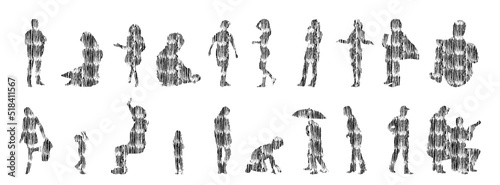 Vector silhouettes, Outline silhouettes of people, Contour drawing, people silhouette, Icon Set Isolated, Silhouette of sitting people, Architectural set	

