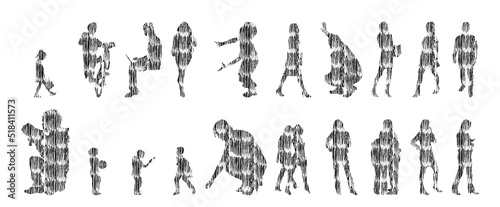 Vector silhouettes, Outline silhouettes of people, Contour drawing, people silhouette, Icon Set Isolated, Silhouette of sitting people, Architectural set	
