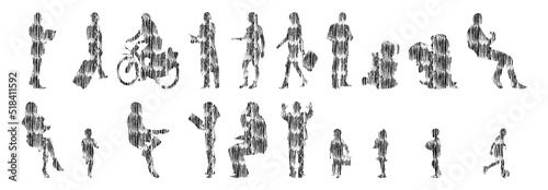 Vector silhouettes, Outline silhouettes of people, Contour drawing, people silhouette, Icon Set Isolated, Silhouette of sitting people, Architectural set	
