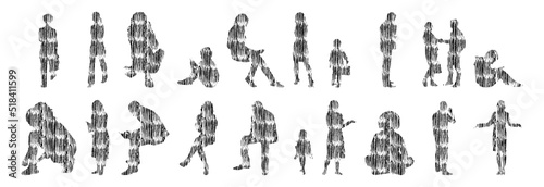 Vector silhouettes, Outline silhouettes of people, Contour drawing, people silhouette, Icon Set Isolated, Silhouette of sitting people, Architectural set	
