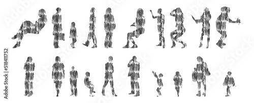 Vector silhouettes, Outline silhouettes of people, Contour drawing, people silhouette, Icon Set Isolated, Silhouette of sitting people, Architectural set	
