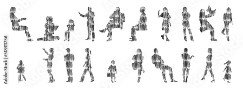 Vector silhouettes, Outline silhouettes of people, Contour drawing, people silhouette, Icon Set Isolated, Silhouette of sitting people, Architectural set	
