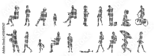 Vector silhouettes, Outline silhouettes of people, Contour drawing, people silhouette, Icon Set Isolated, Silhouette of sitting people, Architectural set	
