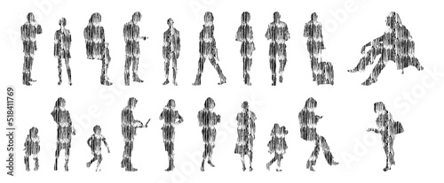Vector silhouettes, Outline silhouettes of people, Contour drawing, people silhouette, Icon Set Isolated, Silhouette of sitting people, Architectural set	
