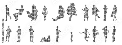 Vector silhouettes, Outline silhouettes of people, Contour drawing, people silhouette, Icon Set Isolated, Silhouette of sitting people, Architectural set	
