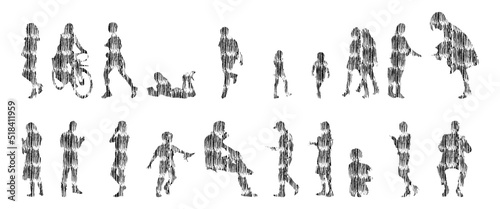 Vector silhouettes, Outline silhouettes of people, Contour drawing, people silhouette, Icon Set Isolated, Silhouette of sitting people, Architectural set	
