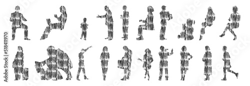 Vector silhouettes, Outline silhouettes of people, Contour drawing, people silhouette, Icon Set Isolated, Silhouette of sitting people, Architectural set	
