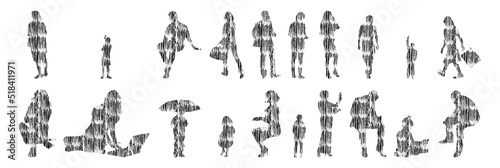 Vector silhouettes, Outline silhouettes of people, Contour drawing, people silhouette, Icon Set Isolated, Silhouette of sitting people, Architectural set	
