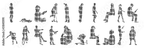 Vector silhouettes, Outline silhouettes of people, Contour drawing, people silhouette, Icon Set Isolated, Silhouette of sitting people, Architectural set	
