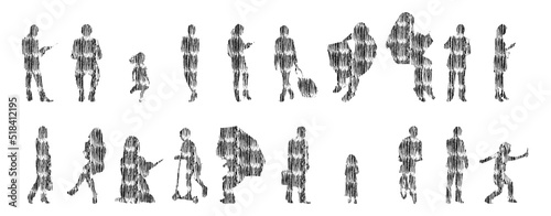 Vector silhouettes, Outline silhouettes of people, Contour drawing, people silhouette, Icon Set Isolated, Silhouette of sitting people, Architectural set	
