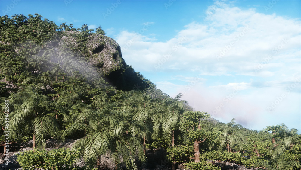 Fantasy island with skull mountain. airy concept. Dynamic trees. 3d rendering.