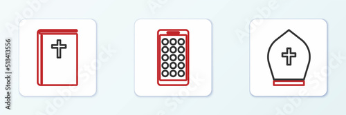 Set line Pope hat, Holy bible book and Mobile Apps icon. Vector