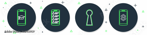 Set line Smartphone with contacts, Keyhole, Graduation cap mobile and dollar icon. Vector