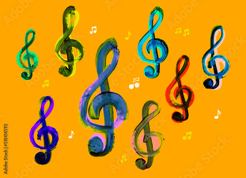 Large treble clefs and small music notes