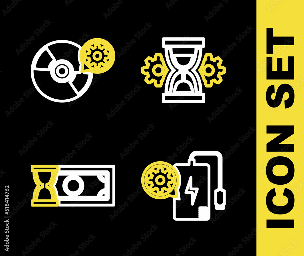 Set line Hourglass setting, Power bank, Fast payments and CD or DVD disk icon. Vector Set line Hourglass setting, Power bank, Fast payments and CD or DVD disk icon. Vector