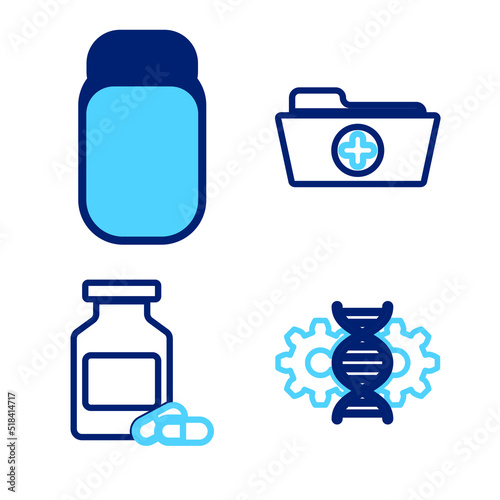 Set line Gene editing, Medicine bottle and pills, Health record folder and Medical vial, ampoule icon. Vector