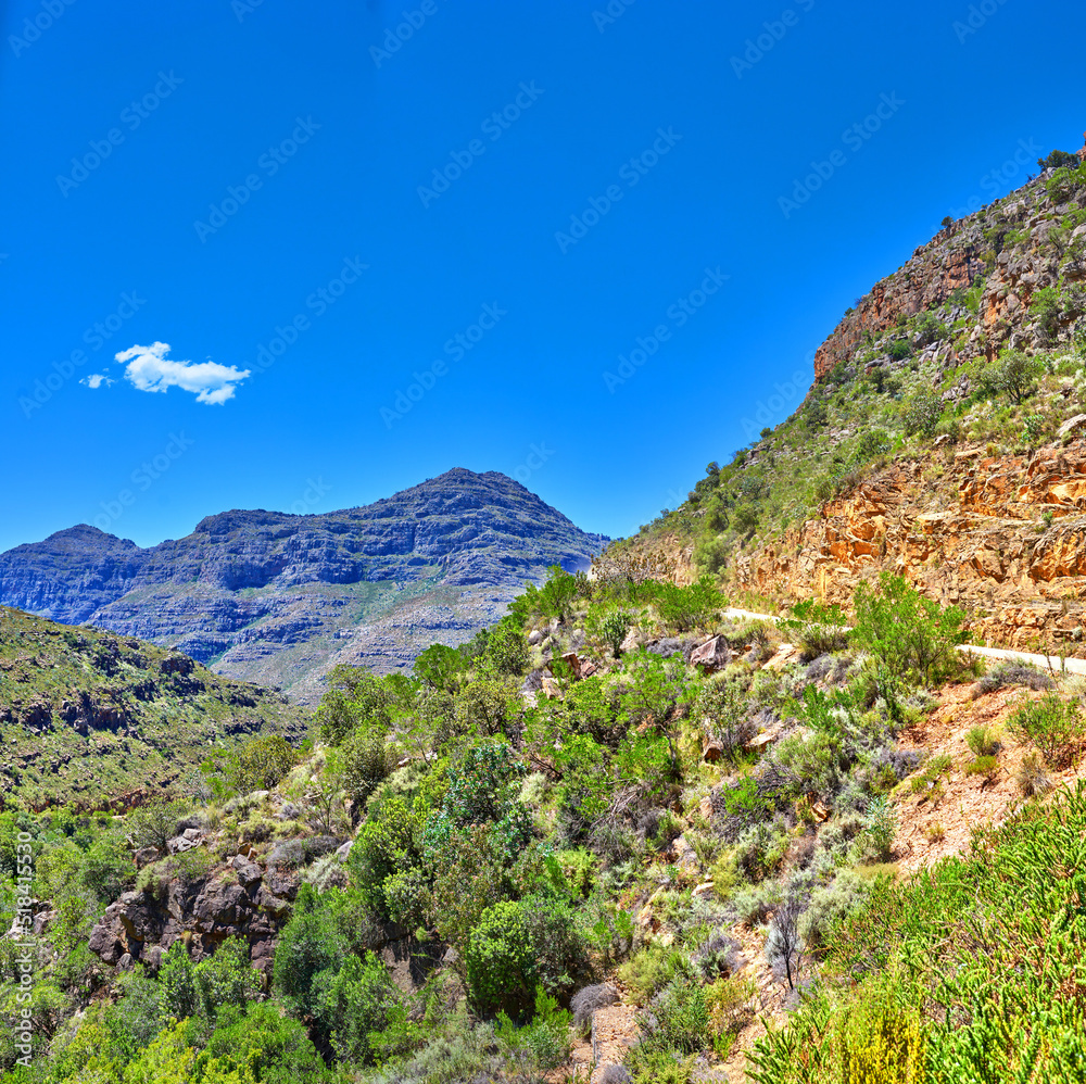 Beautiful landscape of mountains covered in lush green plants with a blue sky on a summer day. Peaceful and scenic view of a peak or hills surrounded by nature outdoors on a spring afternoon