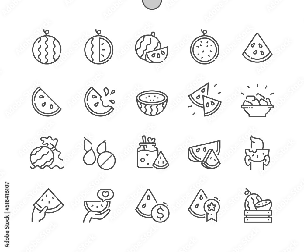 Watermelon. Eating, price and buy. Whole and cut watermelon. Food shop, supermarket. Menu for cafe. Pixel Perfect Vector Thin Line Icons. Simple Minimal Pictogram