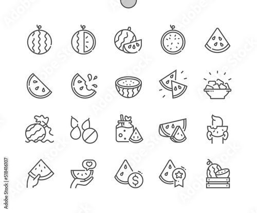 Watermelon. Eating, price and buy. Whole and cut watermelon. Food shop, supermarket. Menu for cafe. Pixel Perfect Vector Thin Line Icons. Simple Minimal Pictogram