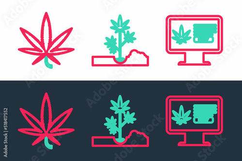 Set line Online buying marijuana, Marijuana or cannabis leaf and Planting icon. Vector