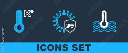Set line Water thermometer, Meteorology and UV protection icon. Vector