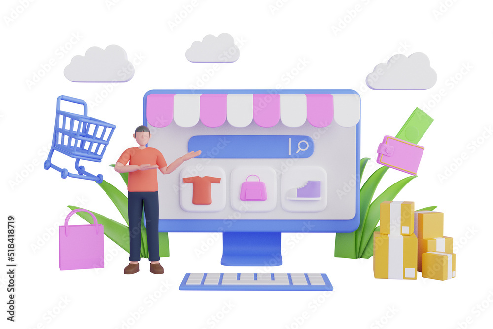 shopping bags and alarm clocks on a blue background.Online shopping web search concept. 3d render illustration of laptop with shopping bags and boxes around it.
