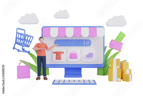 Fototapeta Naklejka Na Ścianę i Meble -  shopping bags and alarm clocks on a blue background.Online shopping web search concept. 3d render illustration of laptop with shopping bags and boxes around it.
