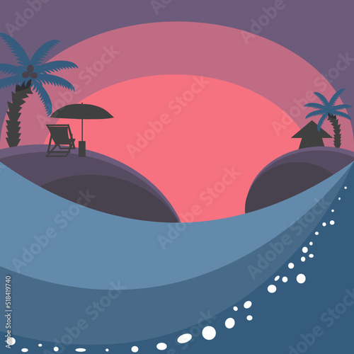 Vector illustration with evening seascape with tropical islands and palm trees in flat technique 