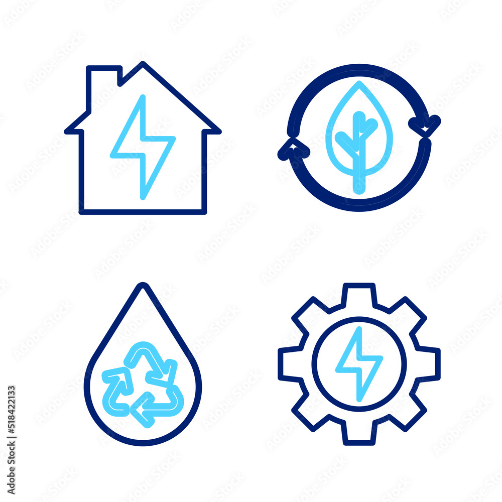 Set line Gear and lightning, Recycle clean aqua, leaf and House icon. Vector Set line Gear and lightning, Recycle clean aqua, leaf and House icon. Vector