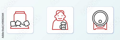 Set line Wooden barrel on rack, Cold beer can and Happy man with icon. Vector