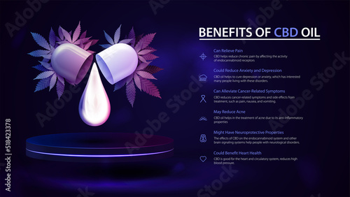 Purple banner for website with pill capsule with drop of cbd oil and leafs of cannabis. Medical uses for cbd oil, benefits of use CBD oil.