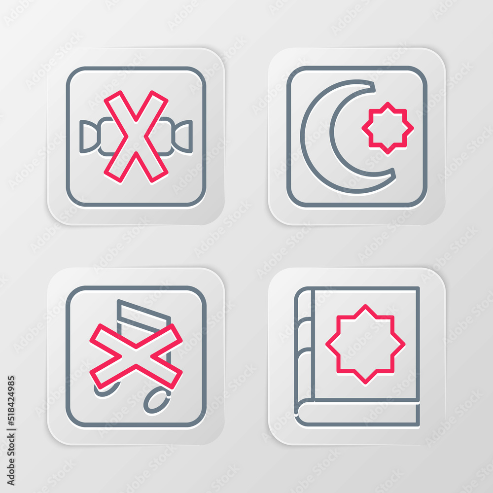 Set line Holy book of Koran, Speaker mute, Star and crescent and No sweets icon. Vector Set line Holy book of Koran, Speaker mute, Star and crescent and No sweets icon. Vector